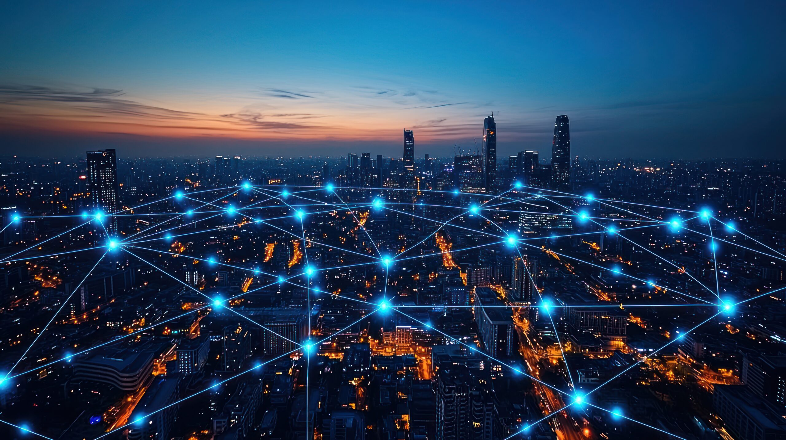 Nighttime aerial view of a city with a network of glowing blue lines connecting buildings AI generated photo of network connection over city