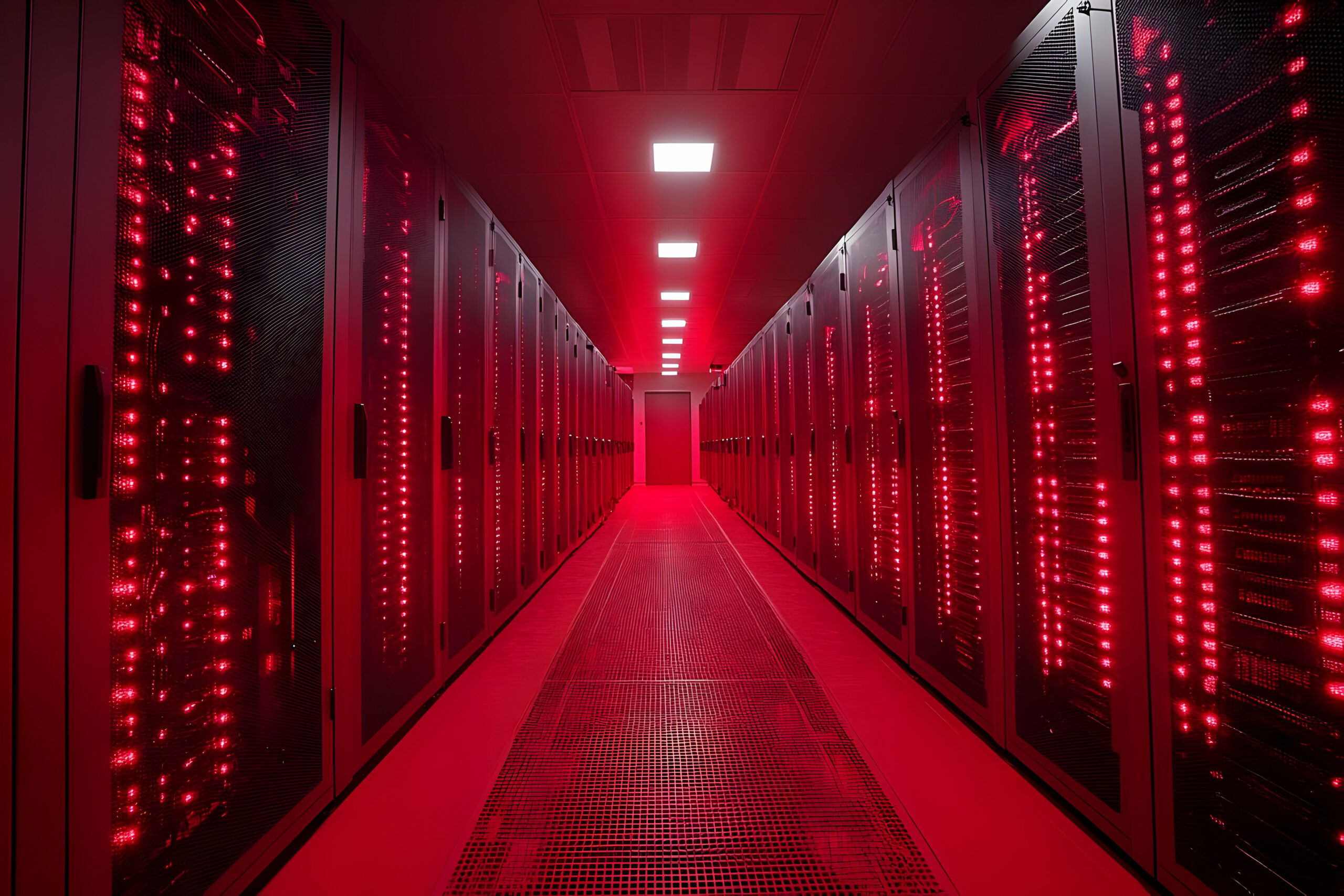 Exploring the Red-Lit Server Room: Data Center Infrastructure Datacenter hallway lit in red lights