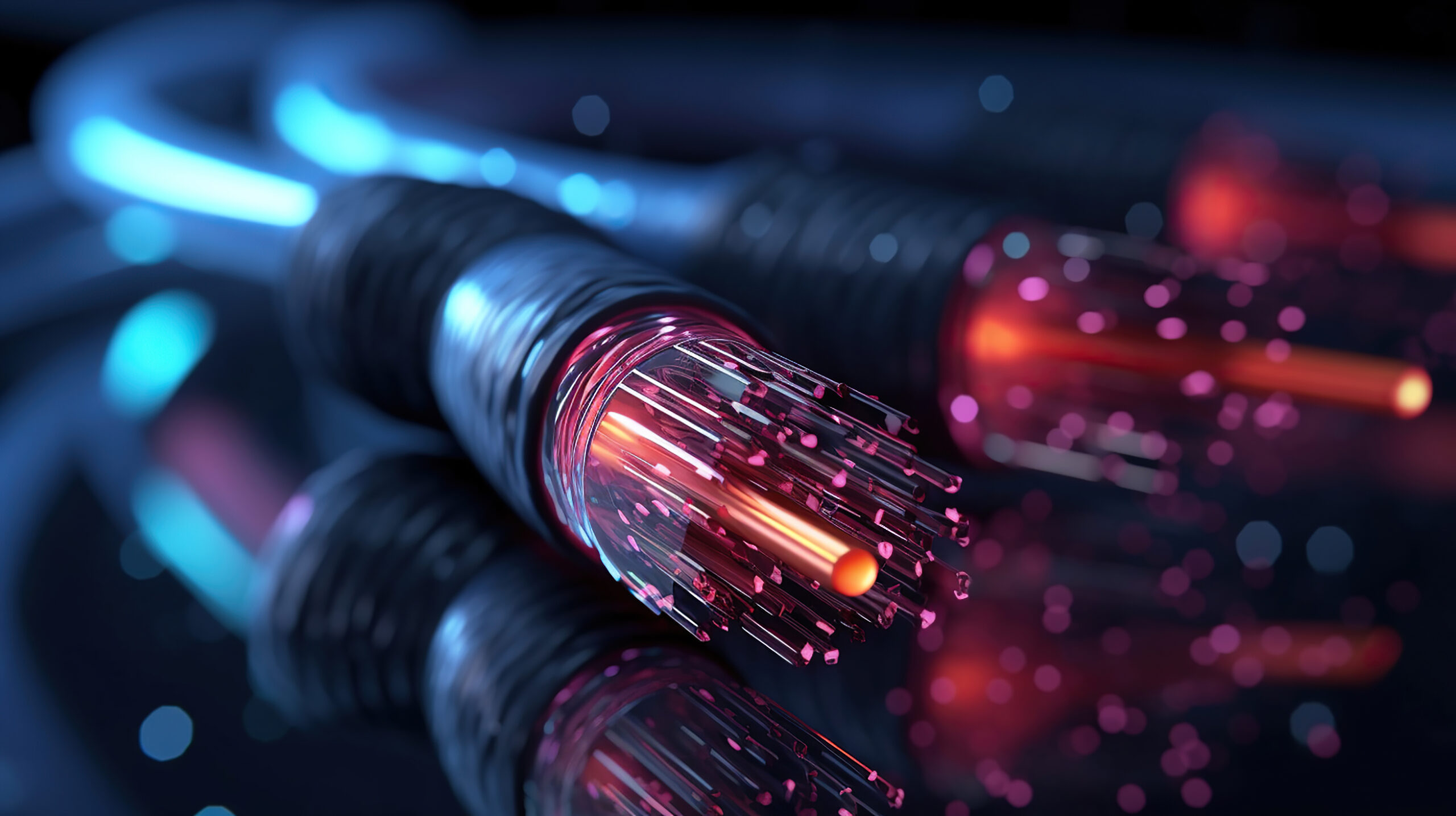 Fiber optics network cable on technology background. Generative Ai AI generated close up on fiber optic