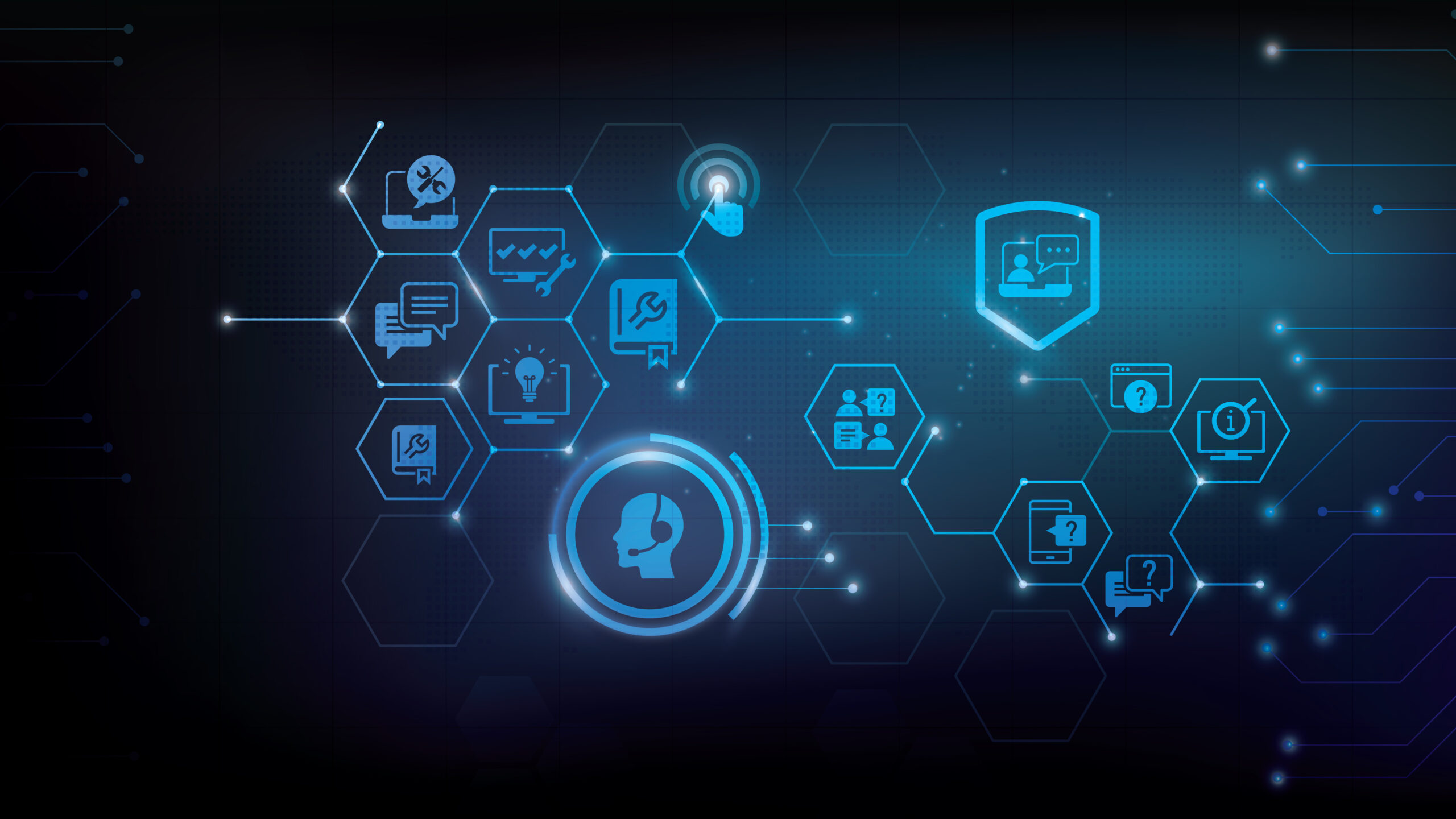 IT support vector illustration. Blue concept with icons related to IT helpdesk, hotline or helpline, remote or online tech support, technical assistance, specialist software support. Network service visual