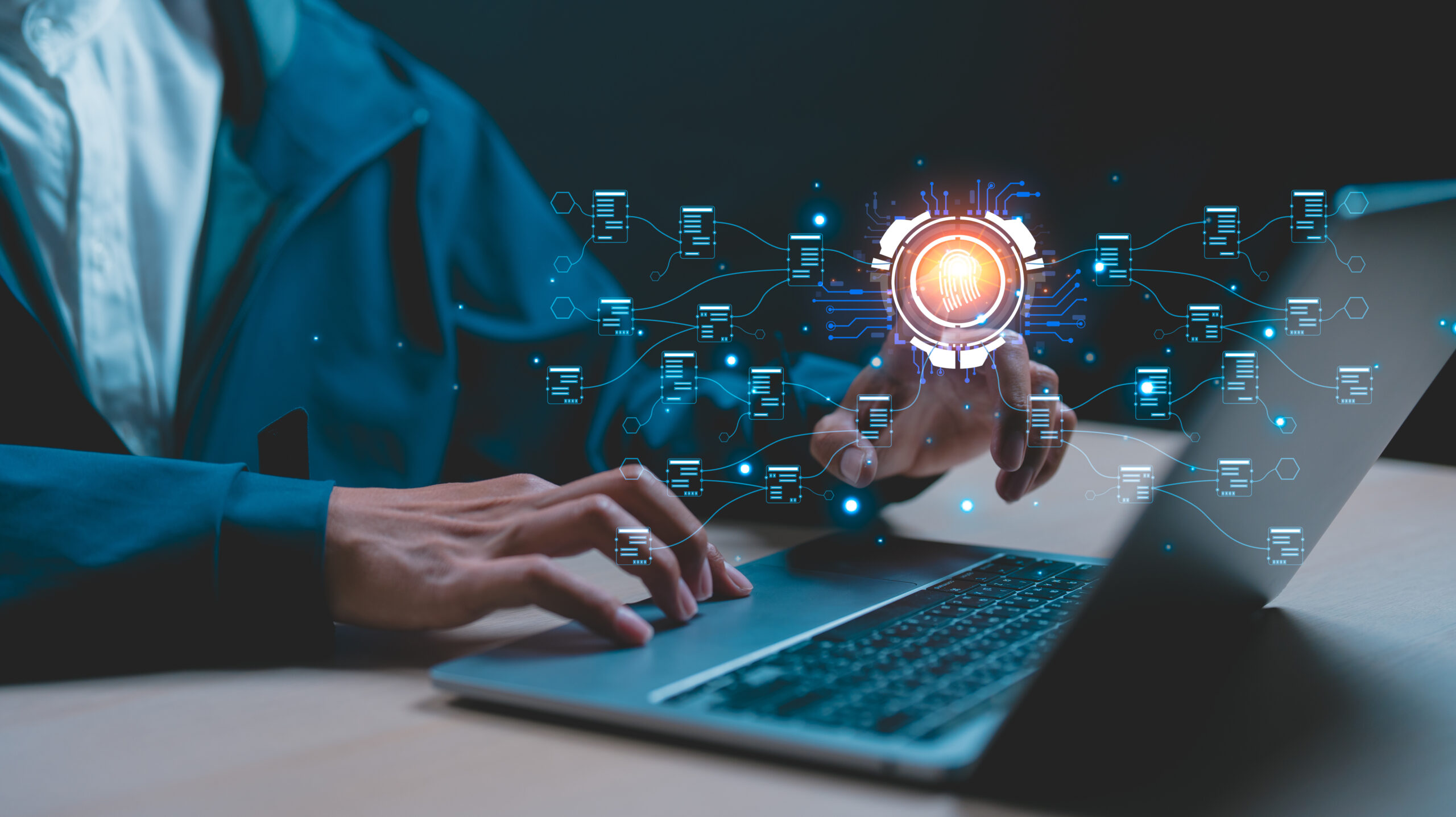 Analyst working with Business, Concept digital transformation technology strategy, Analytics and Data Management System on computer, make a report with KPI and metrics connected to database. AI research photo